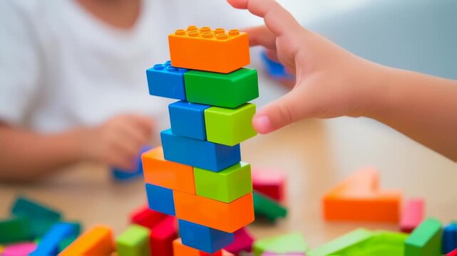 Colorful blocks stacked high, a child's hand reaching near the tower