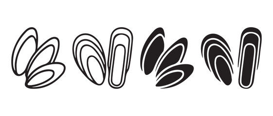 Fototapeta premium Simple Vector Icons of Mussels, Open and Closed Shells, Black and White.