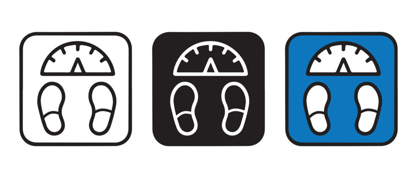 Flat icon set featuring three variations of a bathroom weight scale for health and fitness apps.