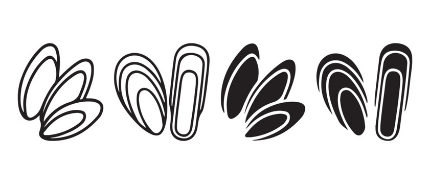 Simple Vector Icons of Mussels, Open and Closed Shells, Black and White.