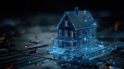 Illuminated model house on circuit board
