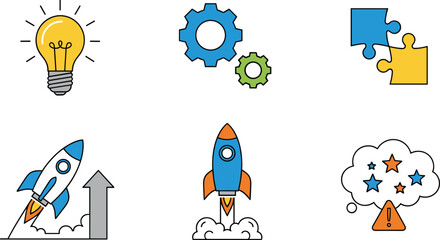 Startup and innovation icons set with idea light bulb, gears, rocket launch, puzzle pieces and creative business symbols