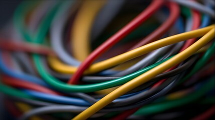 Abstract ro view of tangled color coded electrical wires creating an intricate pattern with vibrant hues