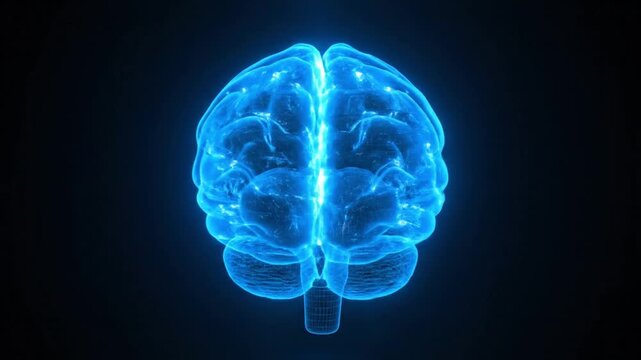 futuristic 3D brain animation featuring transparent neon blue wireframe structure with fast flowing neural signals and dramatic glowing lighting
