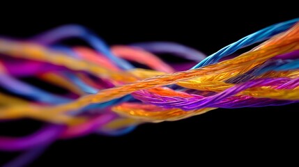 Vibrantly colored intertwined strands of glowing fiber optics create an abstract dynamic pattern against a dark background