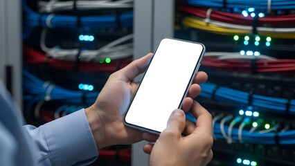 IT Technician Hands Holding Blank Smartphone Mockup in Server Room