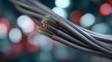 A close up shot of bundled fiber optic cables with exposed strands against a blurred background of lights
