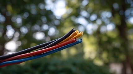 A close up view of colorful frayed electrical or data wires bundled together against a soft blurred green background with bokeh