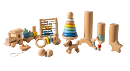 "Wooden Toys Set: Classic Baby Toys and Stacking Blocks on White Background (Adobe Stock Style)"
