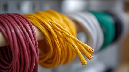 Close up view of spools of colorful electrical wires and cables neatly organized on a storage rack highlighting various colors and connections