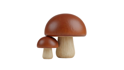 3D Two brown and beige wooden mushrooms isolated on transparent background