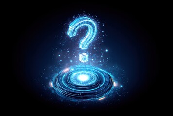 Abstract glowing question mark on futuristic platform digital illustration