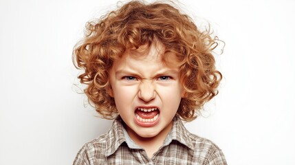 怒った子供の顔、白背景