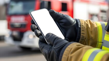 Firefighter Hands in Protective Gloves Holding Blank Smartphone Mockup