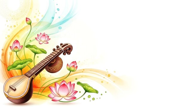 Watercolor illustration of a traditional stringed instrument surrounded by lotus flowers.