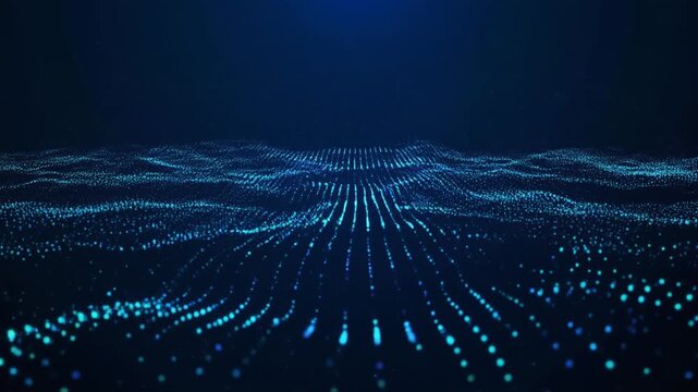 A futuristic digital landscape with glowing blue dots and wavy lines on a dark background viewed from above