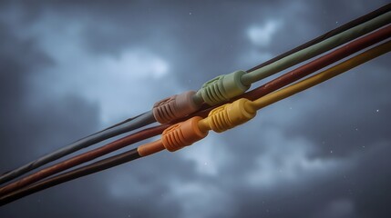Colorful network cables with protective connectors are strung together against a dramatic cloudy night sky
