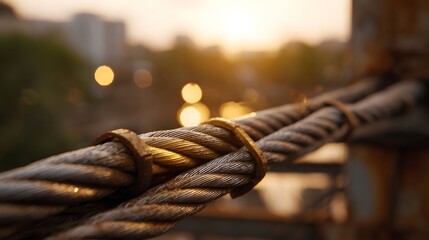 Close up of weathered industrial steel cables secured by rusty clamps in warm golden hour light