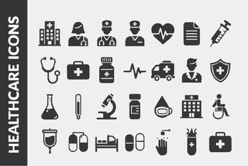 Collection of medical and healthcare icons representing various aspects of the health industry, including hospitals, doctors, nurses, and medical equipment