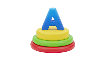 Blue letter A on colorful stacking rings on transparent background