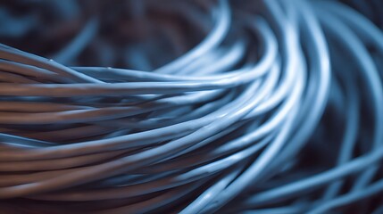 Close up of tangled blue grey cables representing technology and connectivity