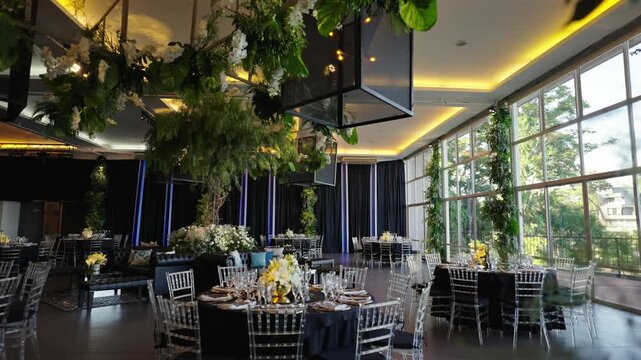 Slow motion reveal of elegant wedding reception ballroom with ambient lighting, floral arrangements, decorated tables and sophisticated venue design.