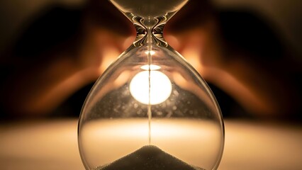 Close-up of an hourglass with sand falling, symbolizing the passage of time and moments of reflection in soft lighting