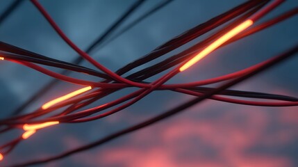 Close up of tangled fiber optic cables glowing intensely orange against a dramatic twilight sky