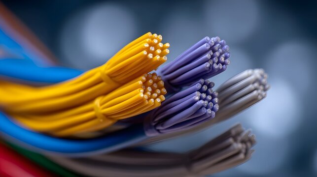 Bundled colorful wires with fine strands abstract technology background