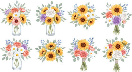 Floral, arrangement, bouquet, vase, flowers, greenery, design, colorful, aesthetic, rose, sunflower, daisy, pink, yellow, purple, orange, white, blue berries, illustration, concept, graphic