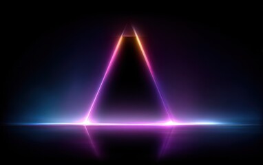 Abstract glowing triangle on dark background with reflection and colorful light