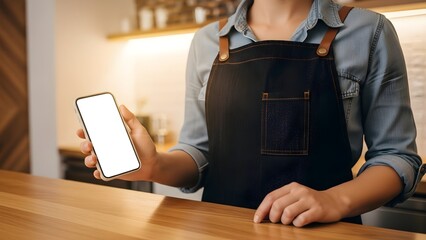 Cafe Barista in Apron Holding Blank Smartphone Mockup at Wooden Counter
