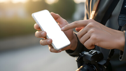 Photographer Hands Using Blank Smartphone Mockup with Camera Outdoors