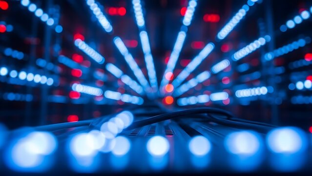 Abstract digital technology background with glowing blue and red lights in a server room - Powered by Adobe
