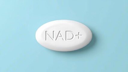 3D white NAD+ pill tablet on a soft blue background with embossed lettering