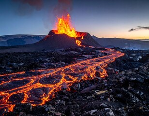 Fiery eruption of a volcanic mountain spilling molten lava