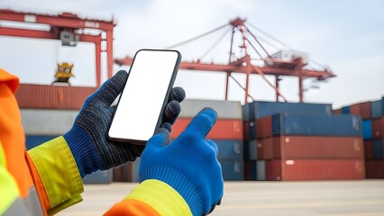 Logistics Worker Hands Holding Blank Smartphone Mockup at Shipping Port