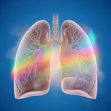 human lungs with hazy, iridescent rainbow-colored fluid dynamic mist, symbolizing an allergic lung reaction, detailed bronchial branching, 