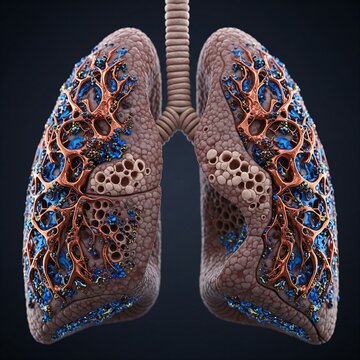 human lungs showing thick, stiffened scarred tissue and "honeycombing," symbolizing Pulmonary Fibrosis, iridescent fluid dynamics in a rigid crystalline pattern, copper and electric blue, 