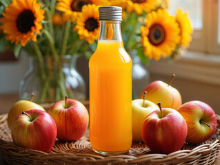 Fresh apples and orange juice in a bottle on a wicker tray