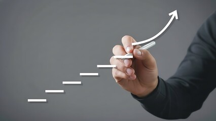 Hand drawing a rising staircase with an upward curved arrow symbolizing growth and business progress