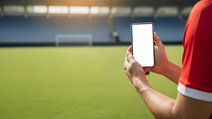 Soccer Player Hands Holding Blank Smartphone Mockup in Stadium