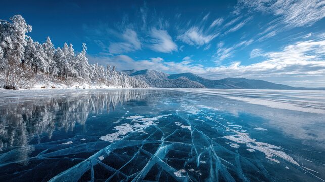 Serene winter landscape with frozen lake - Powered by Adobe