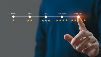 Hand interacts with a digital rating line from Poor to Excellent, featuring orange stars