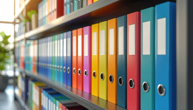Row of organized colorful office binders neatly arranged on a shelf