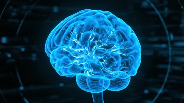 ultra realistic 3D visualization of a sci fi style human brain transparent blue wireframe with flowing neural energy and cinematic depth of field
