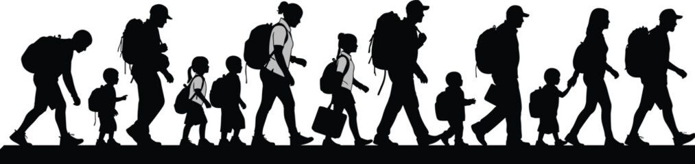 Silhouette of walking people with backpacks including adults and children, migration journey scene representing travel, movement, family unity, and human silhouettes