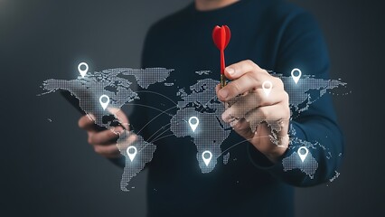 Global connectivity concept with dotted world map, location pins, and a red dart pointer