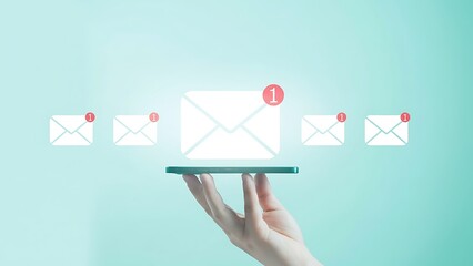 Hand-held smartphone with floating email icons and notification badges in teal gradient
