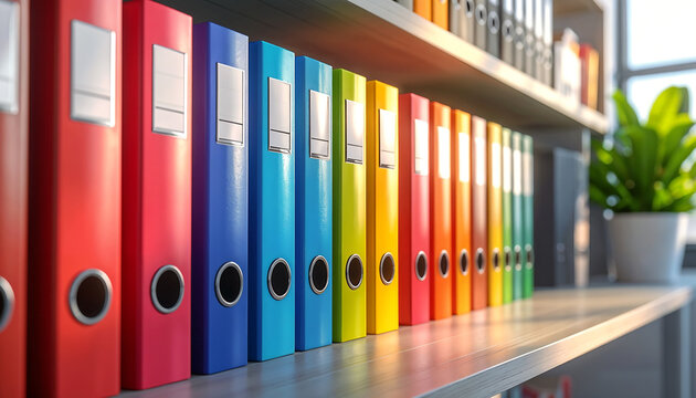Row of organized colorful office binders neatly arranged on a shelf